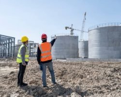 Two engineers are working at the construction site of the chemical plant under construction